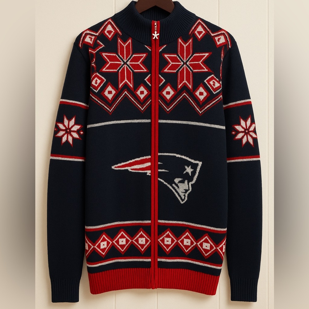 NFL Team Apparel New England Patriots Zip Up‎ Ugly Christmas Sweater L Crewneck